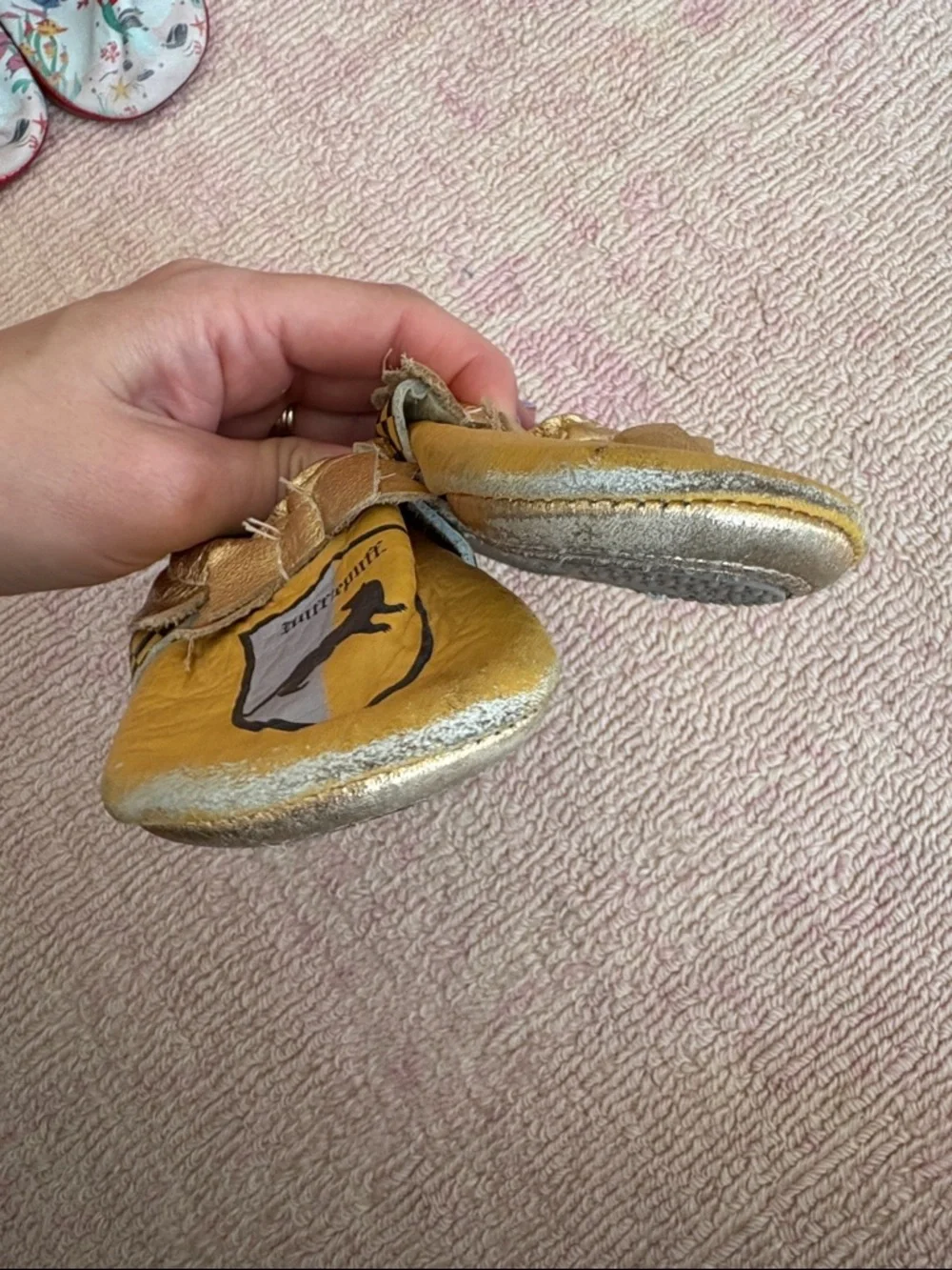 Freshly Picked White Patterned Moccasins & Gold Hufflepuff Soft Soles